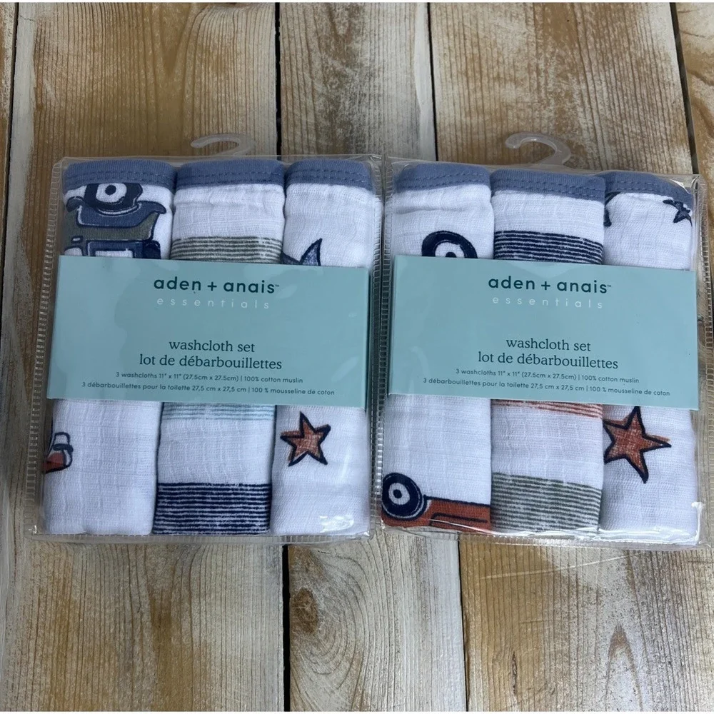 2pk Aden + Anais Cotton Muslin Washcloths Hit The Road 3 Pack Truck Star Stripe